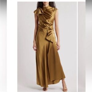 Acler Ramshaw Metallic Pleated Satin Gown in golden moss gold color, SIZE 2